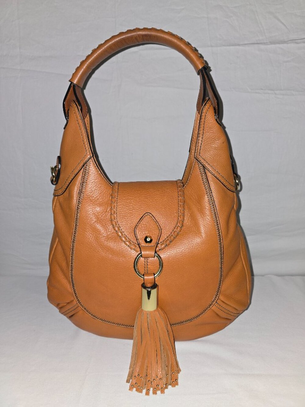 ORYANY Tan Whipstitch Leather Tasseled Flap Hobo Shoulder Bag